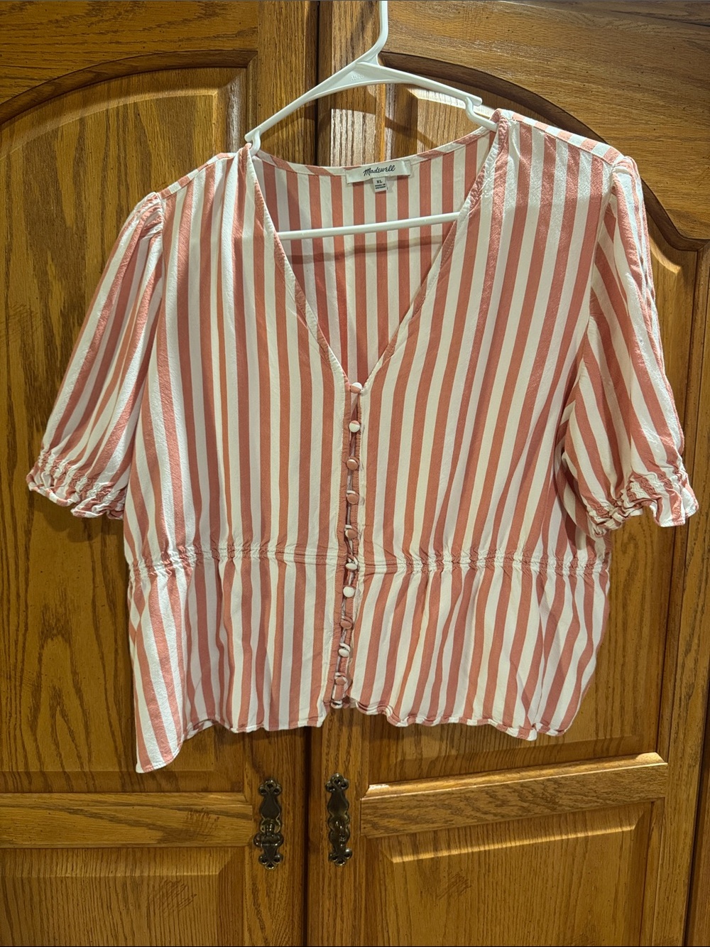 Madewell Pink and White Striped Button-Front V-Neck Peplum Blouse